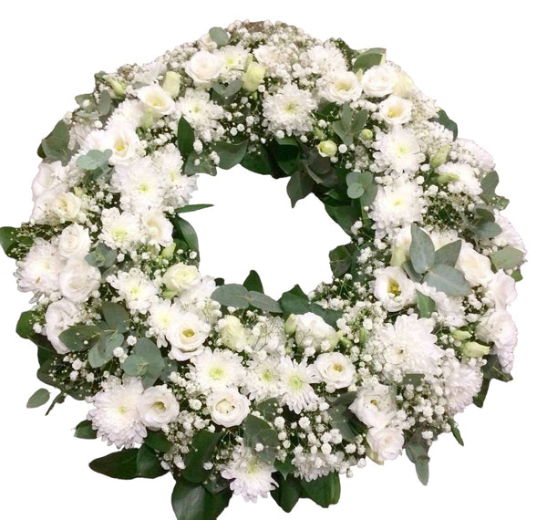 Coroana funerara rotunda cu flori albe