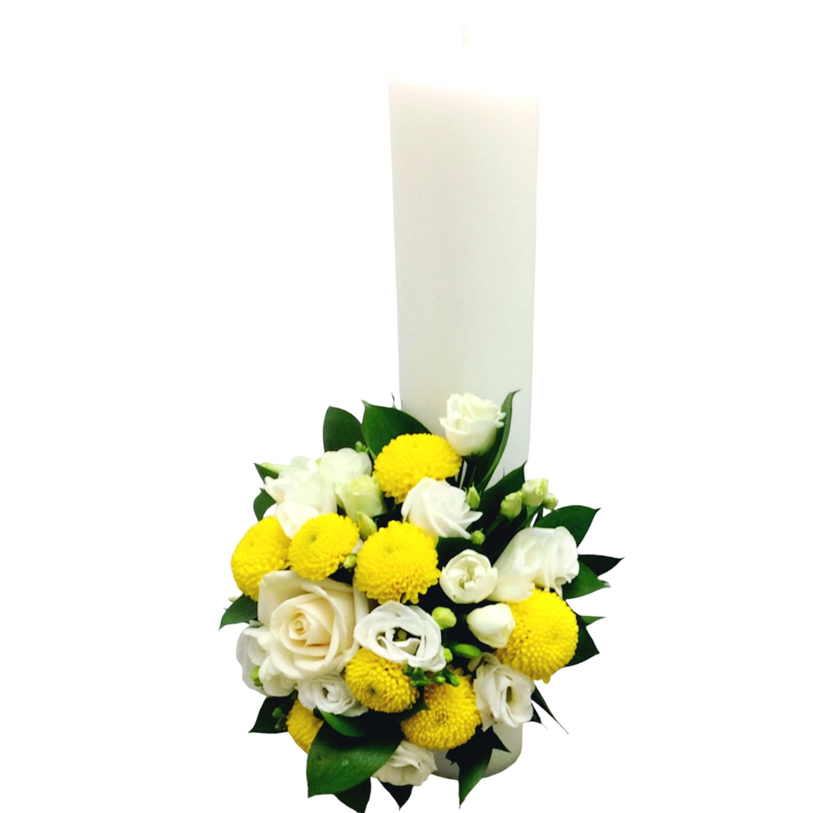 Lumanare botez scurta lisianthus si frezii albe