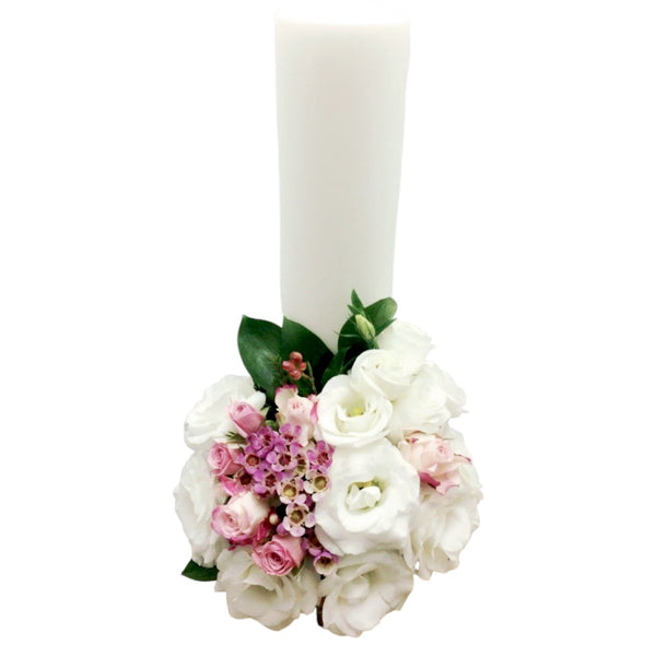 Baptism candle for girls, white lisianthus and pink mini roses