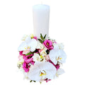 Lumanare botez scurta lisianthus roz, minirose si orhidee phalaenopsis