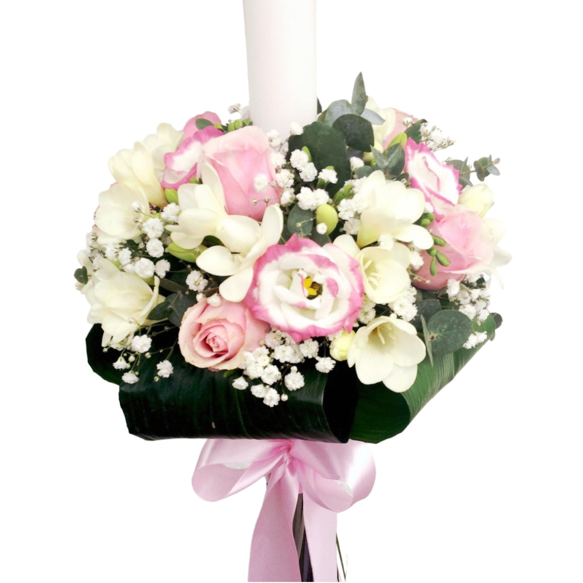 Lumanare botez roz trandafiri si lisianthus