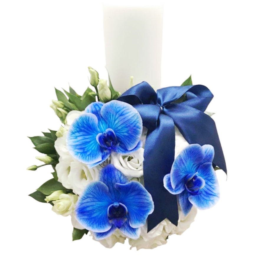 Lumanare botez scurta baieti orhidee phalaenopsis albastra