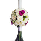 Lumanare botez din trandafiri albi, frezii si orhidee phalaenopsis