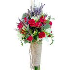 Lumanare botez rustica minirose rosii si lavanda