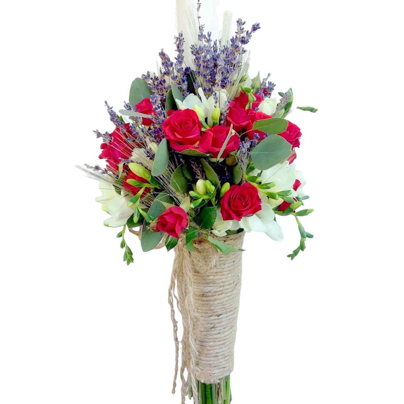 Lumanare botez rustica minirose rosii si lavanda