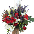 Lumanare botez rustica minirose rosii si lavanda