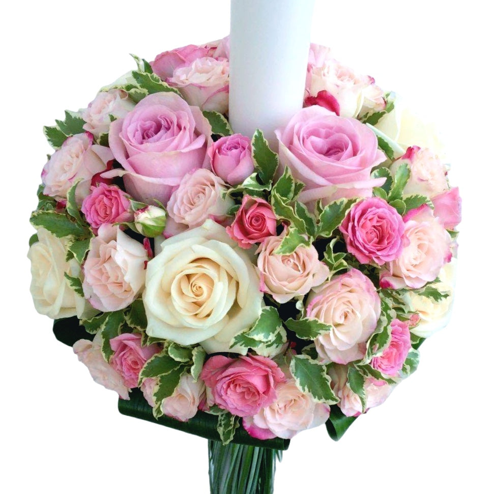 Lumanare botez fetite trandafiri si minirose - culori pastel