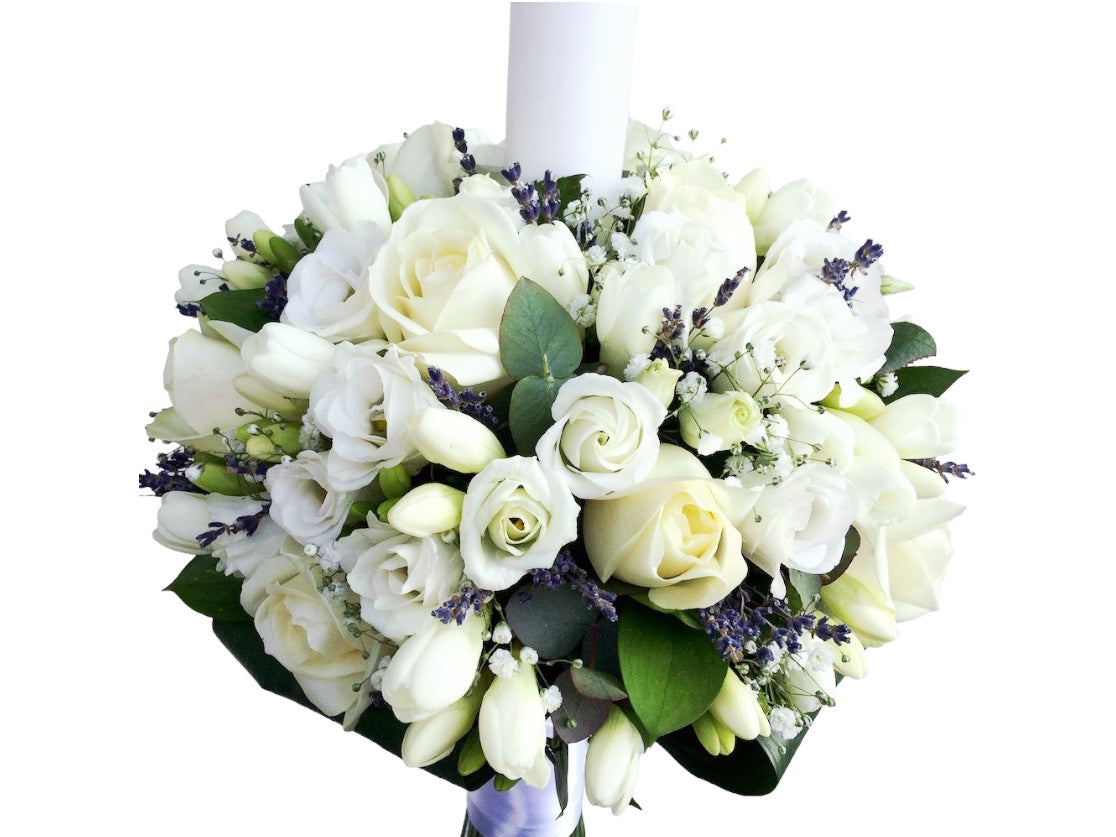 Freesia and lavender christening candle