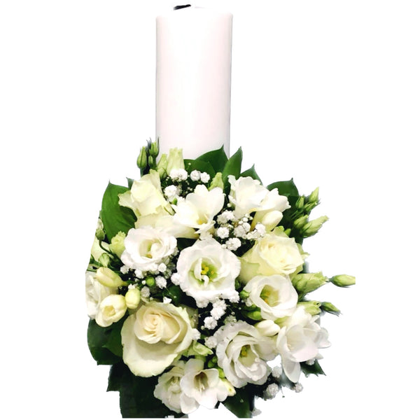 Short white roses baptism candle