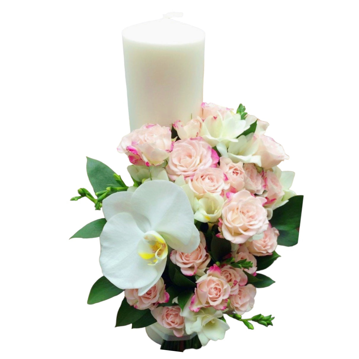 Lumanare botez scurta minirose Reflex si frezii albe