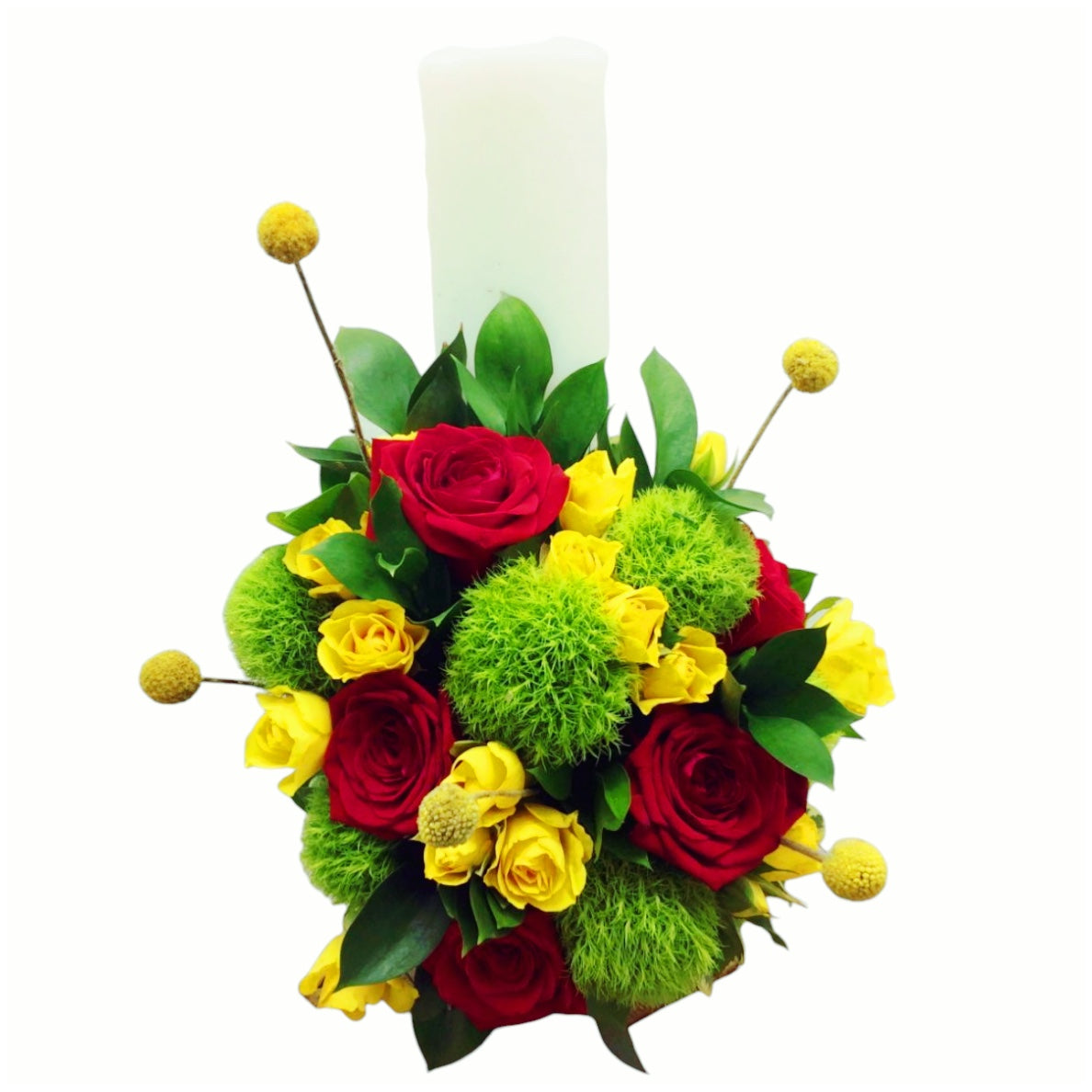 Lumanare botez scurta trandafiri, dianthus si craspedia