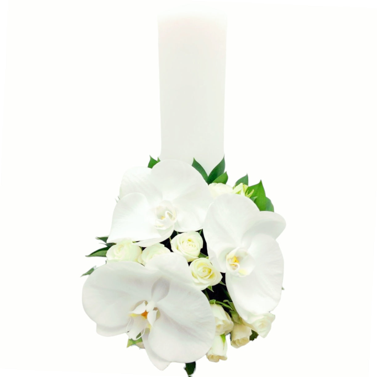 Lumanare botez scurta minirose albe si phalaenopsis