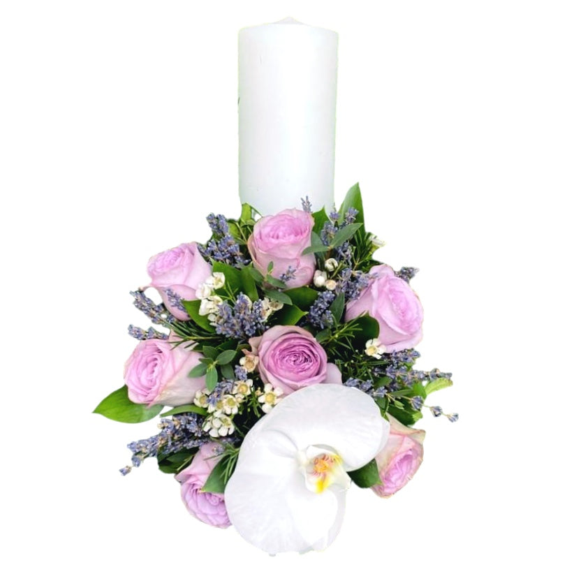 Lumanare botez scurta trandafiri mov lila si lavanda
