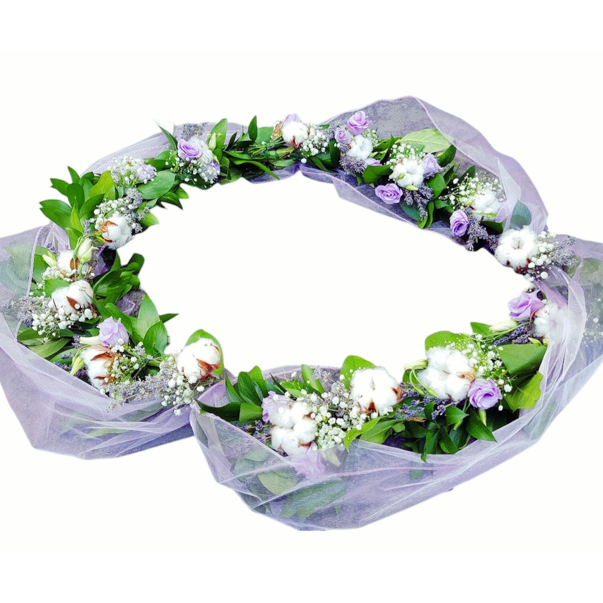 Aranjament cristelnita botez lisianthus lila si bumbac