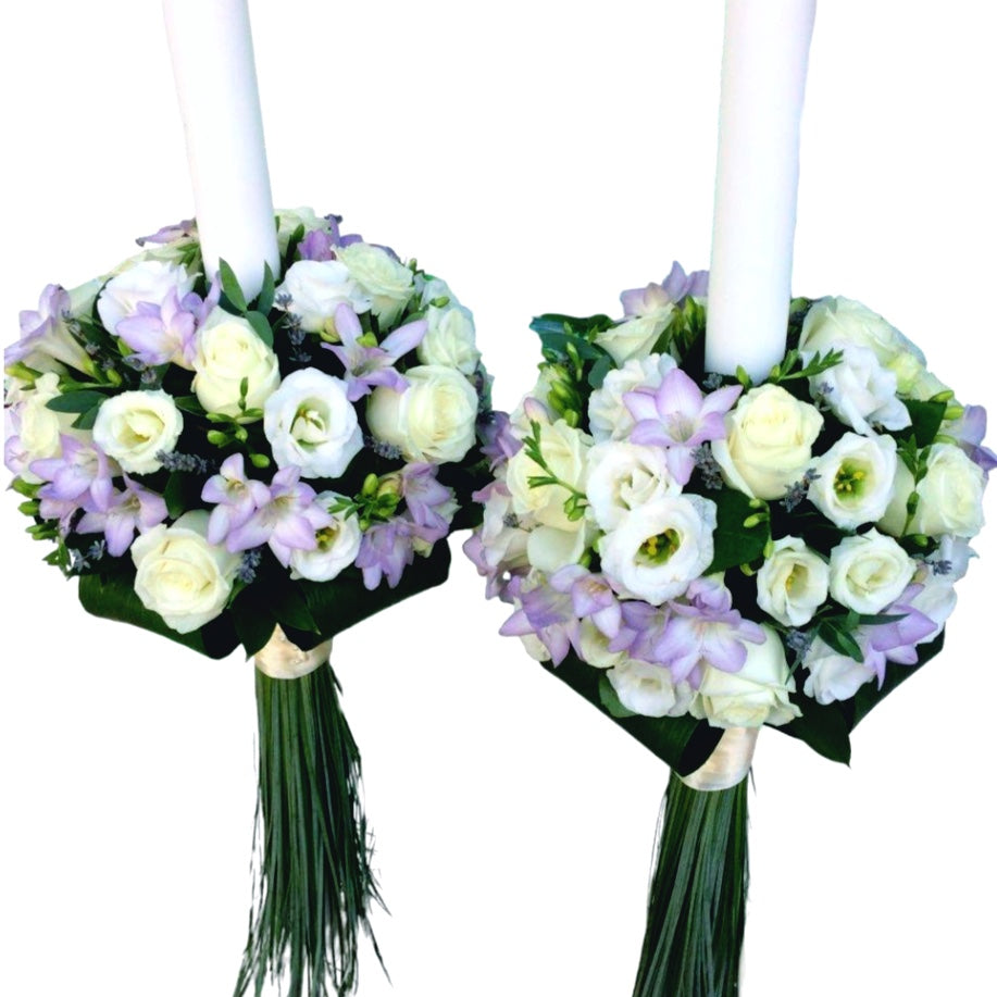 Lumanari cununie trandafiri albi si lavanda