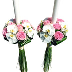 Lumanari cununie cu trandafiri roz si orhidee phalaenopsis