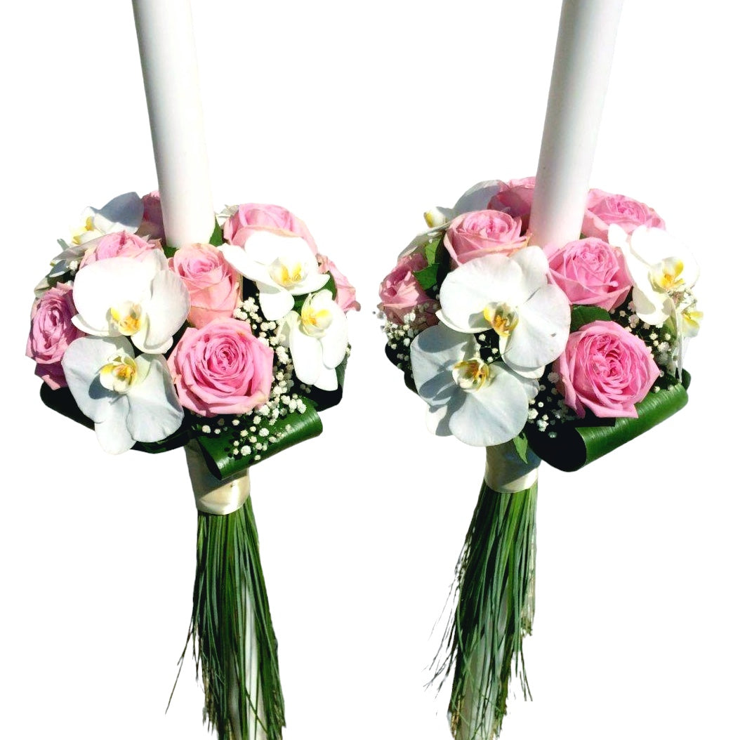 Lumanari cununie cu trandafiri roz si orhidee phalaenopsis