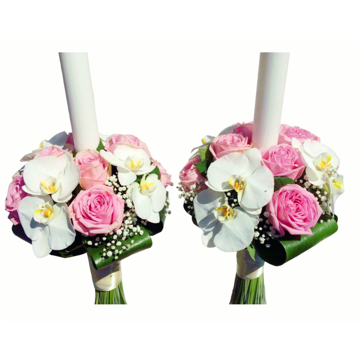 Lumanari cununie cu trandafiri roz si orhidee phalaenopsis