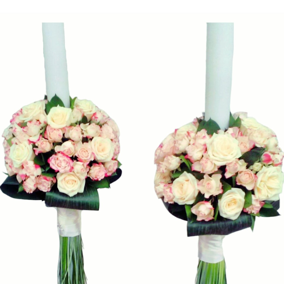 Lumanari cununie minirose bicolore si trandafiri