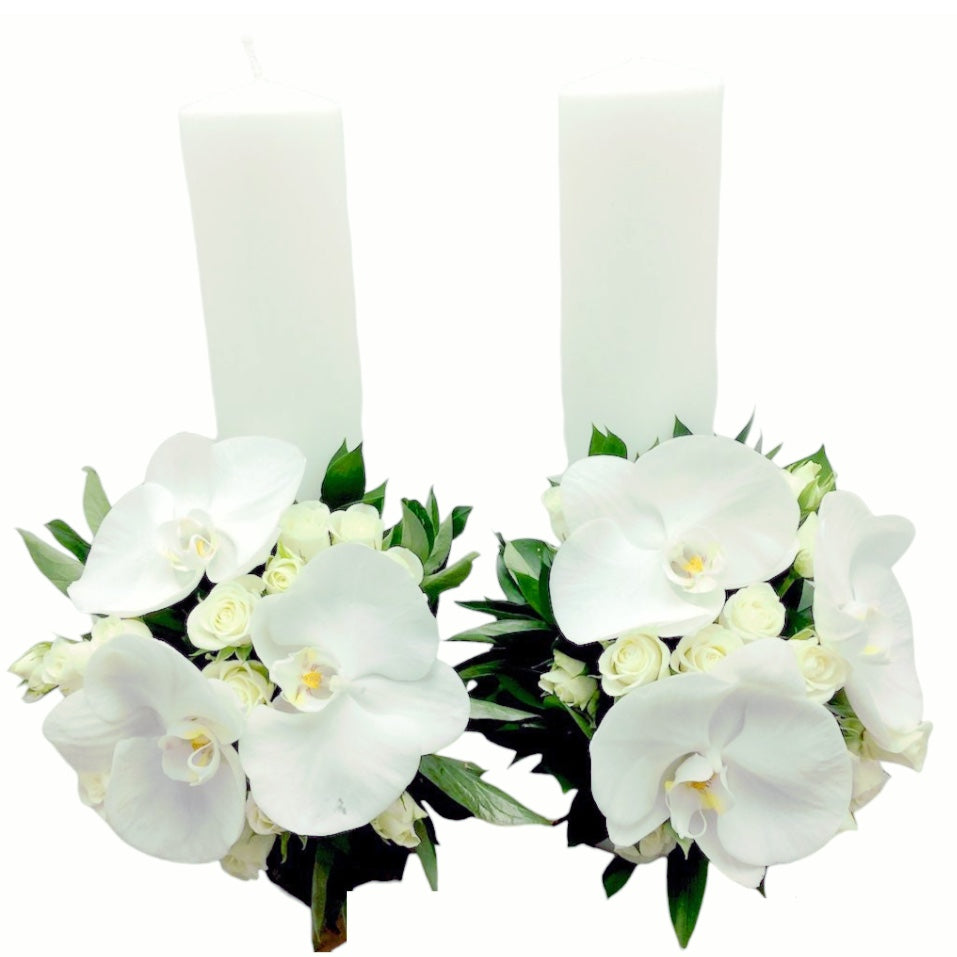 Lumanari cununie scurte minirose albe si orhidee