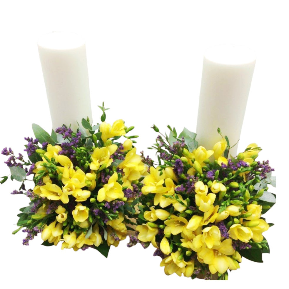 Lumanari nunta scurte frezii galbene si limonium