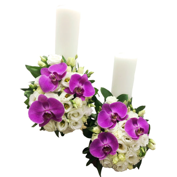 Lumanari de nunta scurte orhidee si lisianthus