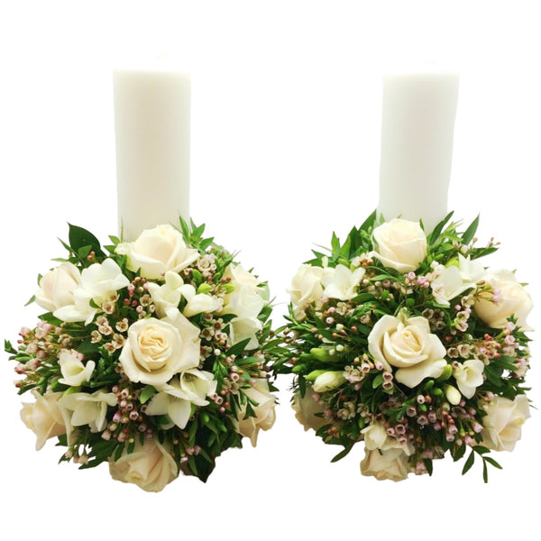 Short wedding candles cream roses and freesias