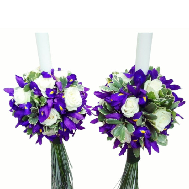 Lumanari nunta cu trandafiri albi si irisi