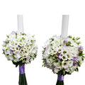 Lumanari de cununie cu frezii mov si lisianthus alb