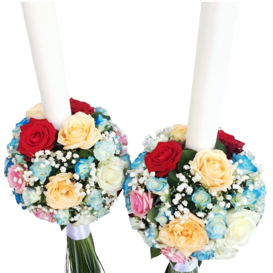 Lumanari nunta lungi trandafiri rosii si peach