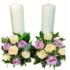 Lumanari nunta scurte trandafiri mov si crem