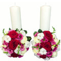 Lumanari nunta scurte trandafiri rosii si bumbac