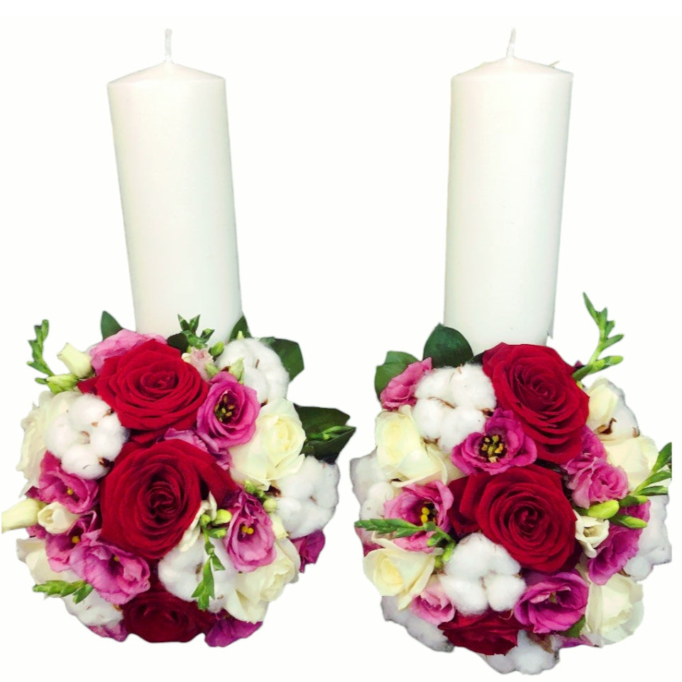Lumanari nunta scurte trandafiri rosii si bumbac