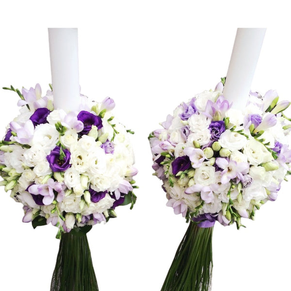 Wedding candles with lisianthus, mini roses and freesias