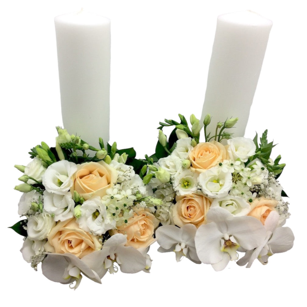 Lumanari cununie scurte trandafiri peach si ornithogalum