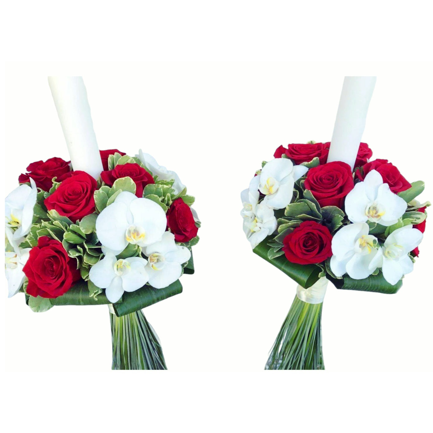 Lumanari cununie orhidee phalaenopsis si trandafiri rosii