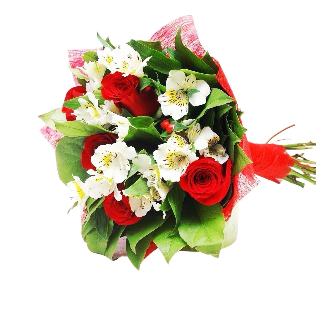 Buchet de trandafiri rosii si alstroemeria