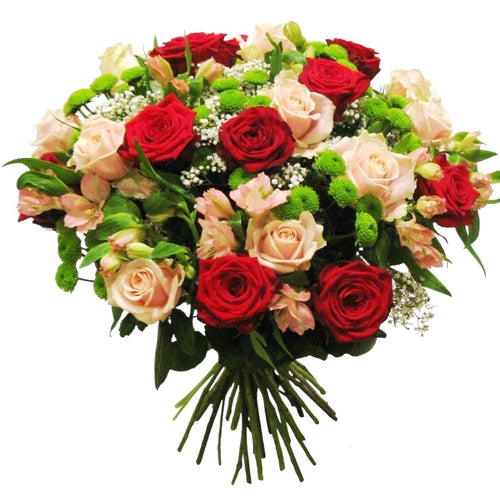 Bouquet to offer of red roses, santini and alstroemeria