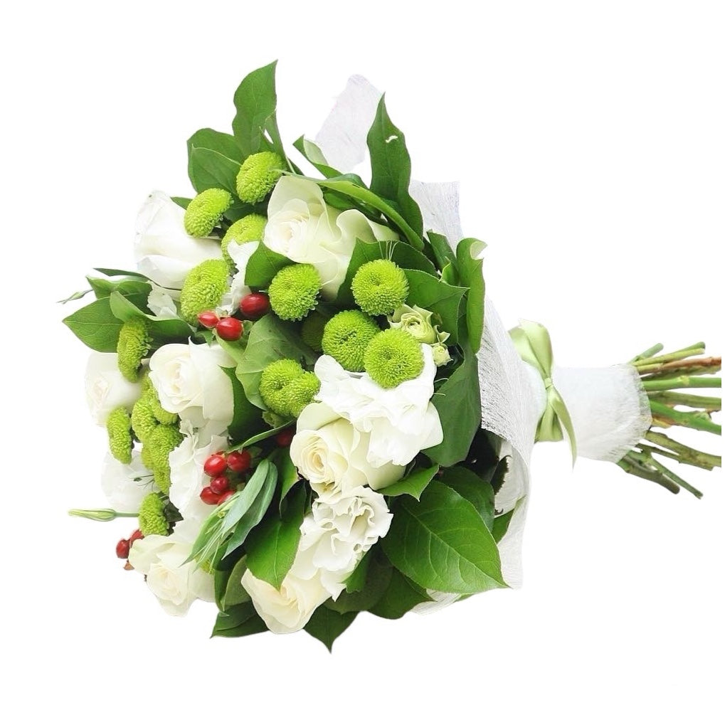 Buchet din lisianthus, santini si trandafiri