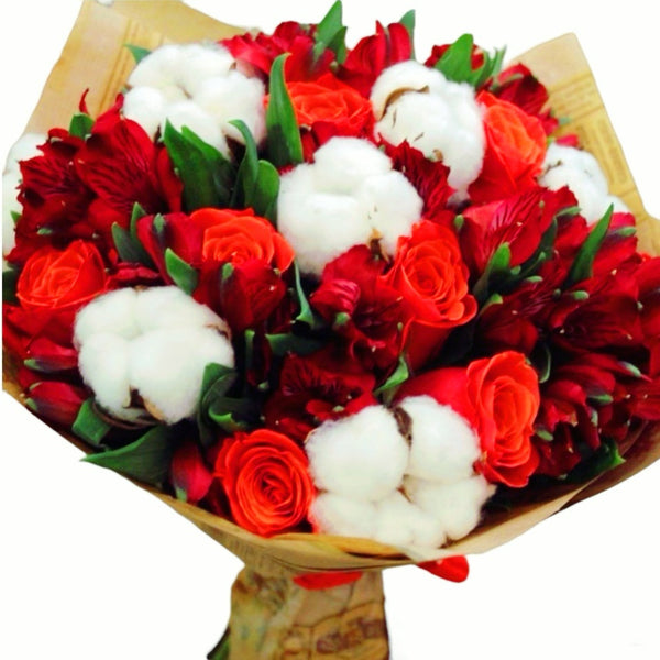 Bouquet with cotton flowers, red roses and alstroemeria