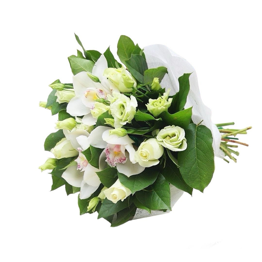 Buchet de trandafiri, lisianthus si orhidee