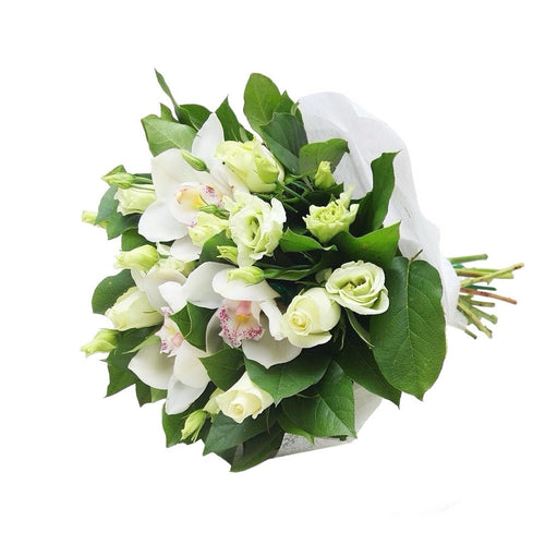 Buchet de trandafiri, lisianthus si orhidee