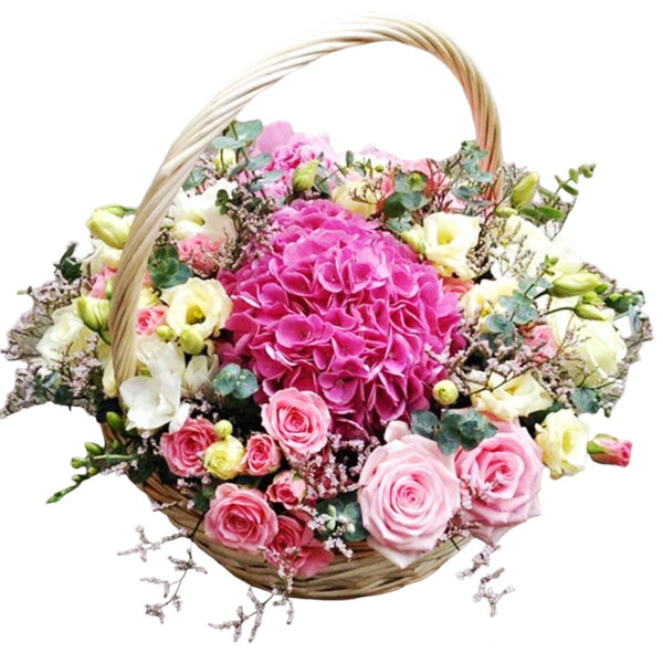 Cos cu flori pentru aniversari - mix de hortensie, lisianthus si trandafiri