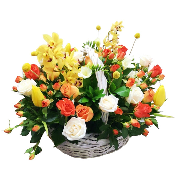 Basket with XXL flower mix - orchids, roses, tulips