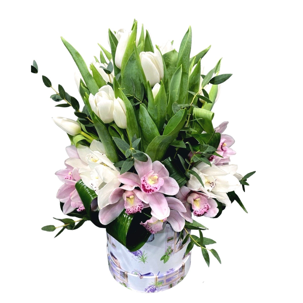 Aranjament  flori de primavara - lalele si orhidee imperiala