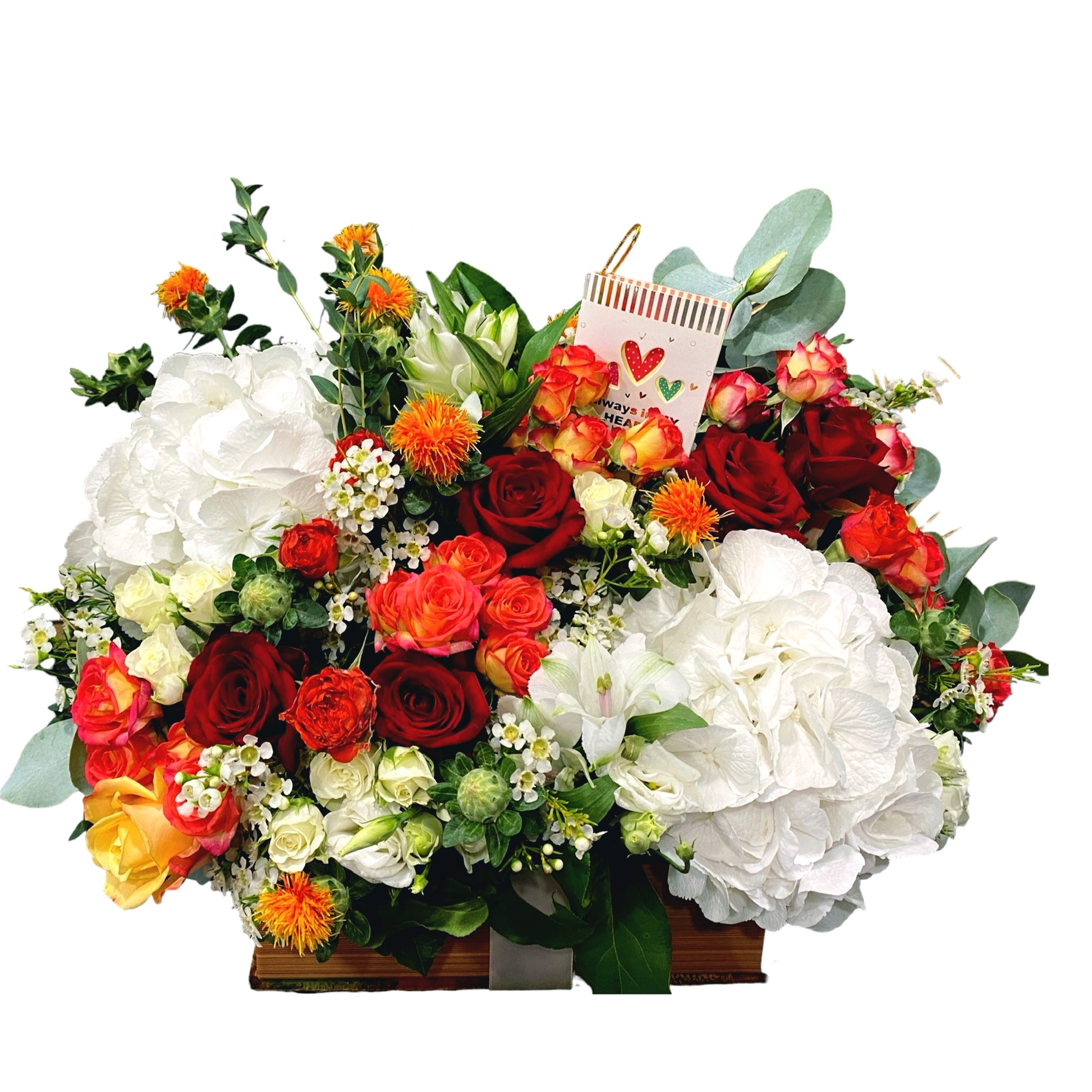 Aranjament floral colorat - hortensie si trandafiri