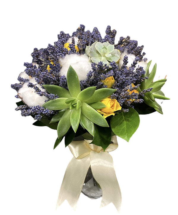 Special wedding bouquet with cotton flowers, succulent plants and lavender