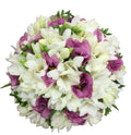 Buchet cununie lisianthus roz si frezii albe