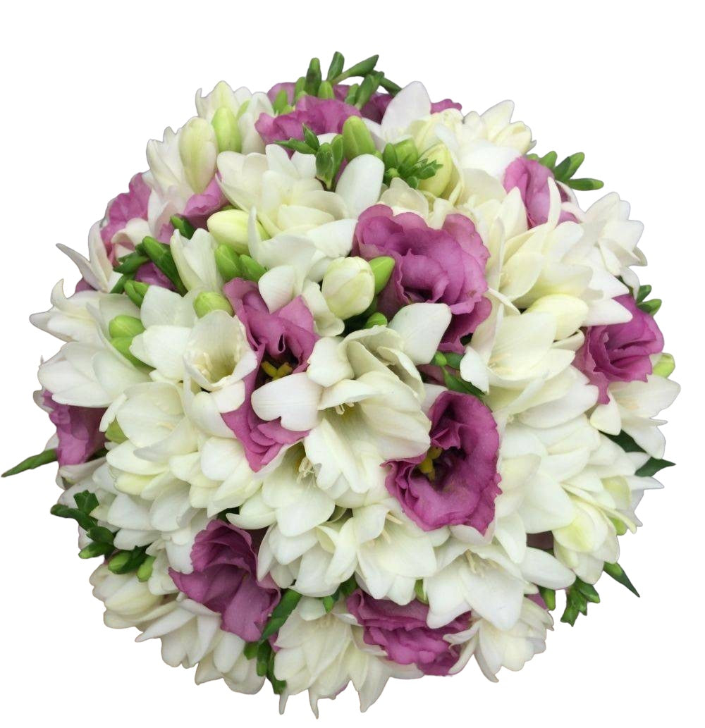 Buchet cununie lisianthus roz si frezii albe