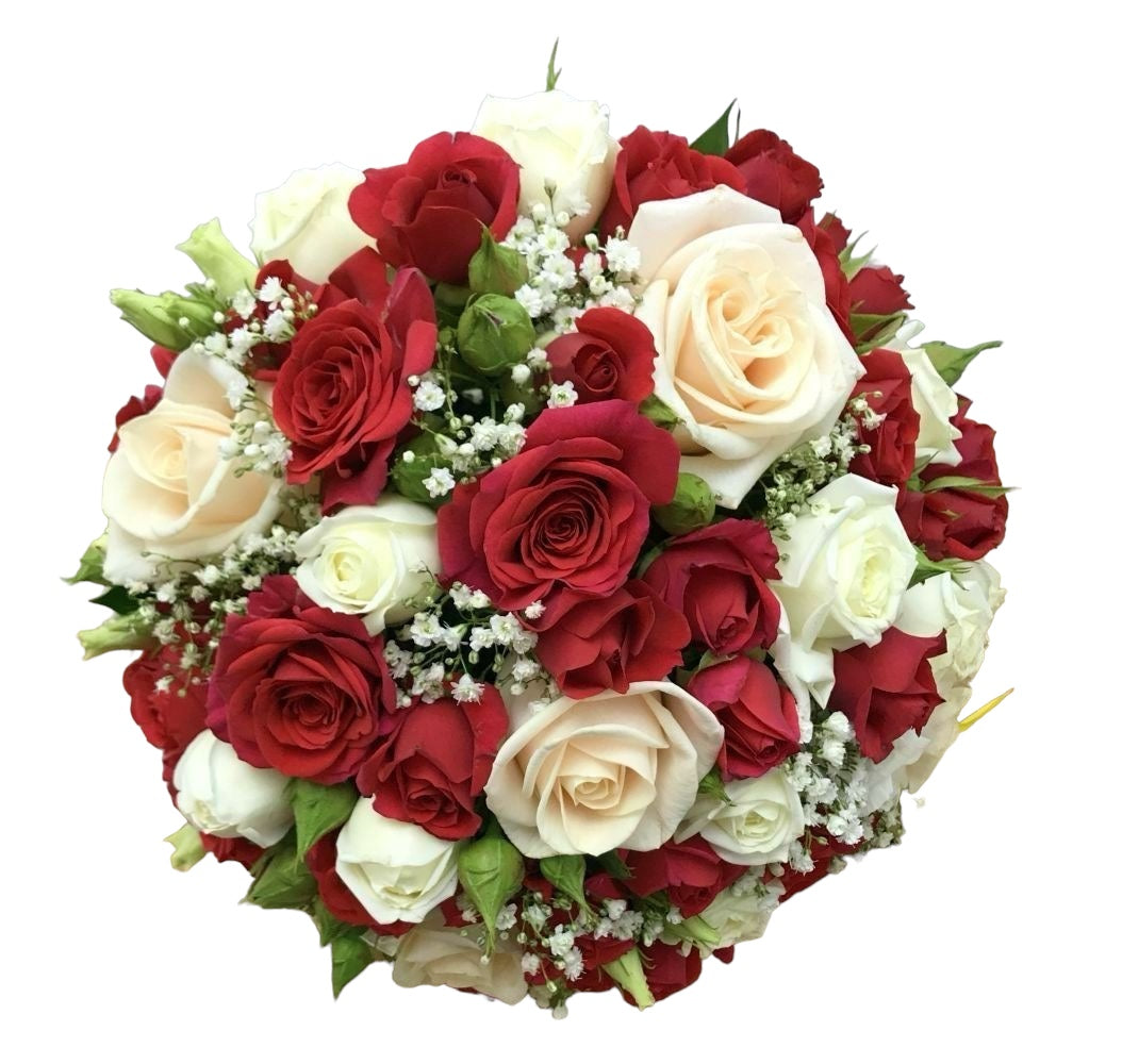 Buchet cununie minirose rosii si trandafiri